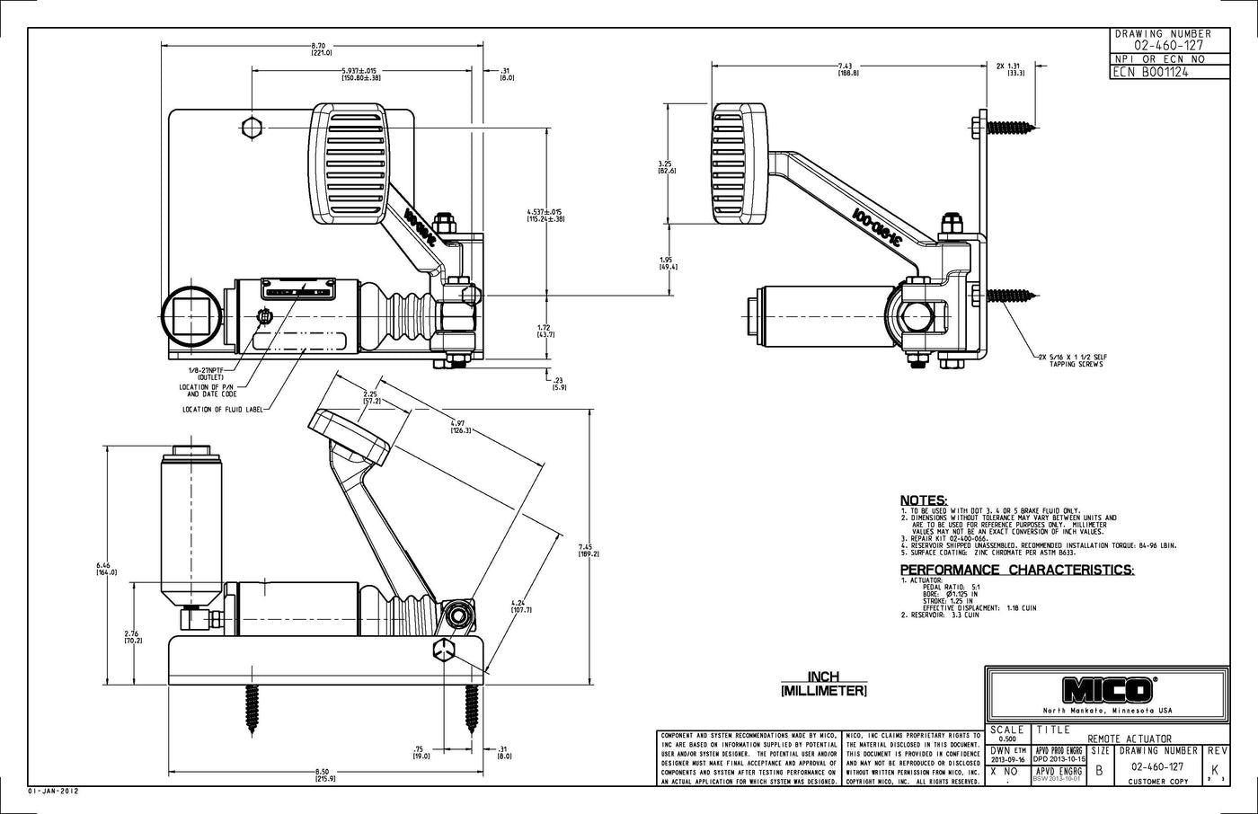 02-460-127 ZF Mico Pedal Operated Actuator, Brake Fluid Type