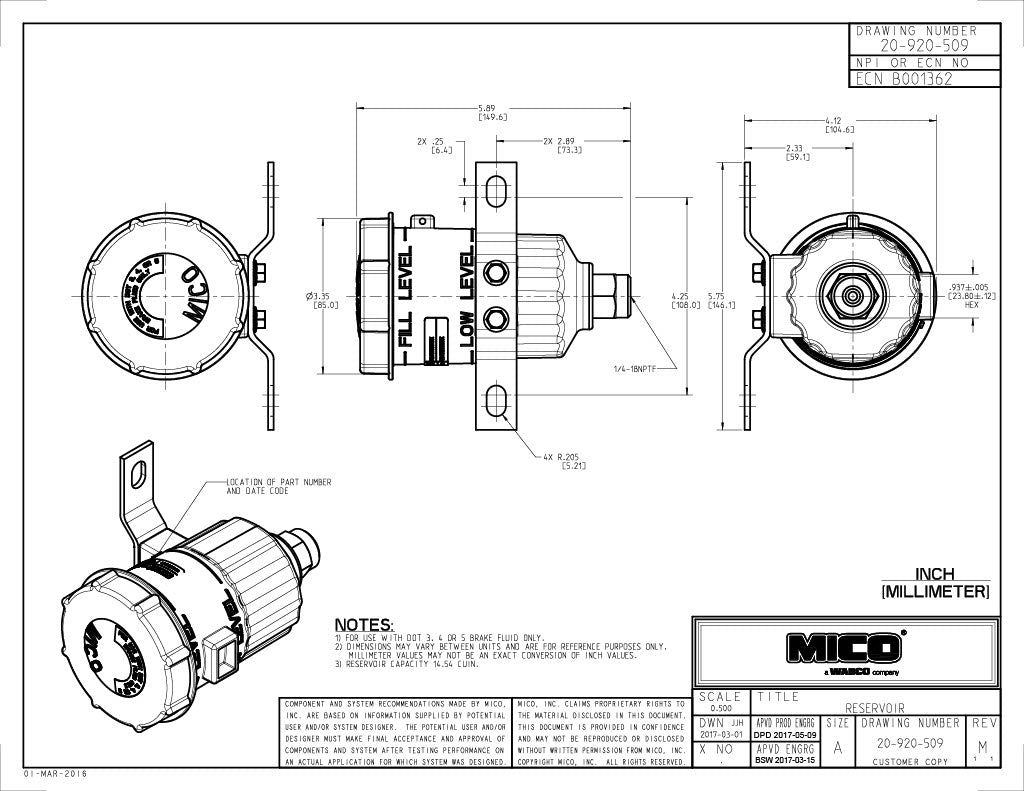 20-920-509 ZF Mico Remote Mount Brake Fluid Reservoir